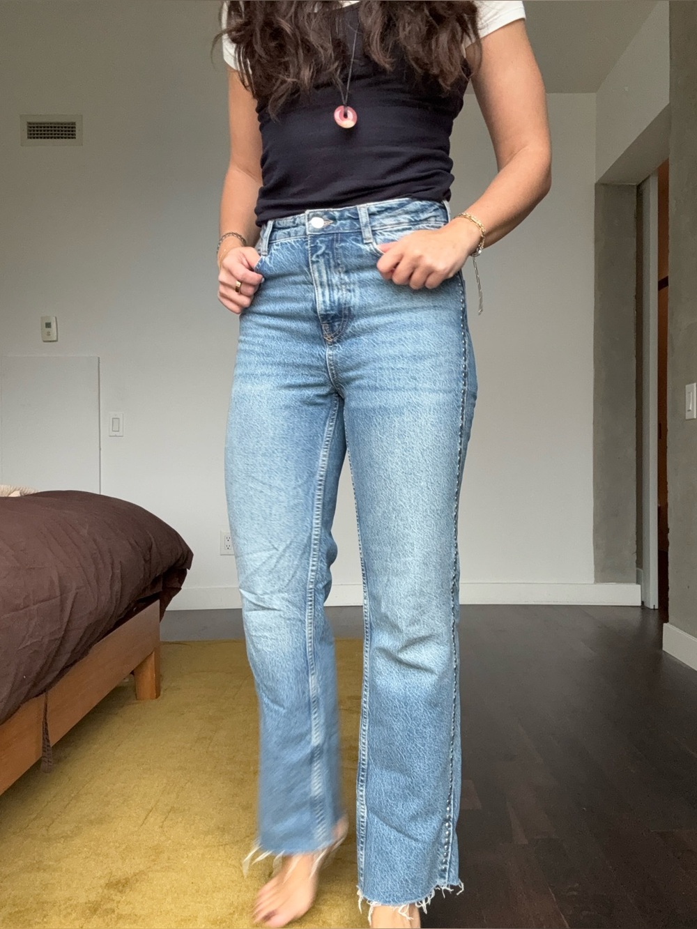 Studded High-Rise Straight Leg Women’s Jeans - Light Blue US 4